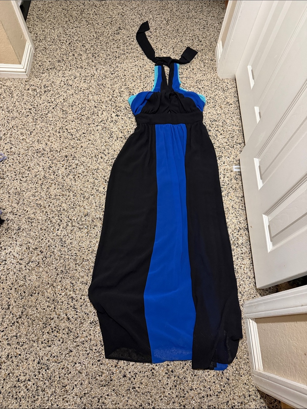 Bisou Bisou Black Maxi Dress with Blue Center Panel and Blue Accents